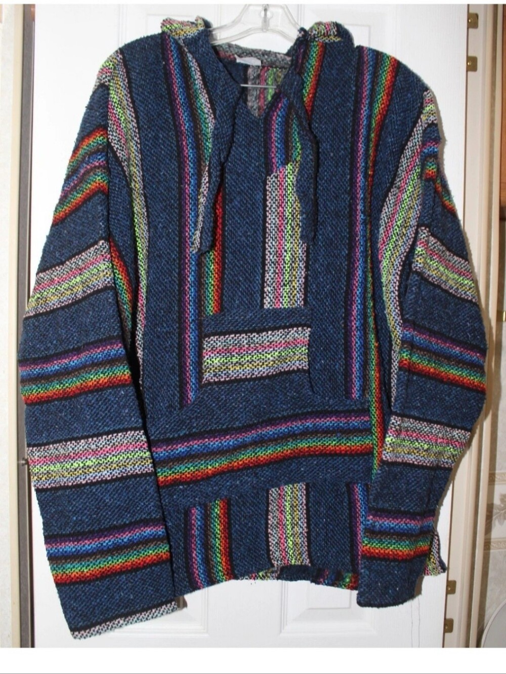 Curiosidades Hoodie Poncho Unisex XL Blue Striped Mexican Blanket Pullover Retro